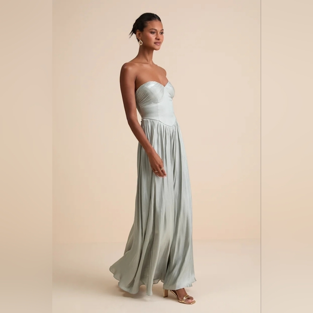 Lulus Kylin Sage Satin Basque Waist Maxi Dress XS Wedding Party Prom Formal - Picture 3 of 10